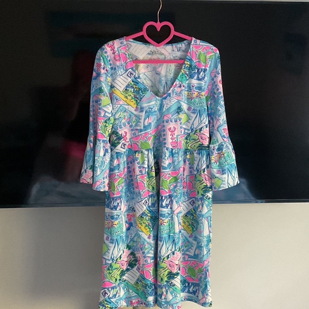 Lilly Pulitzer Jannie v-neck Colorful Patterned Dress with 3/4 Bell Sleeves NWT - Picture 2 of 5